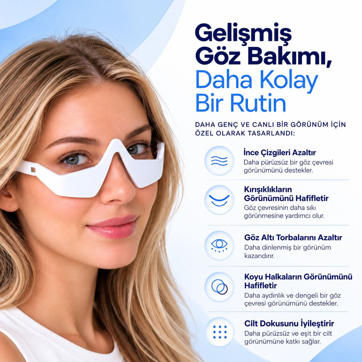 Dima Red Eyes göz çevresi bakım cihazını takan kadın ve ürün özellikleri