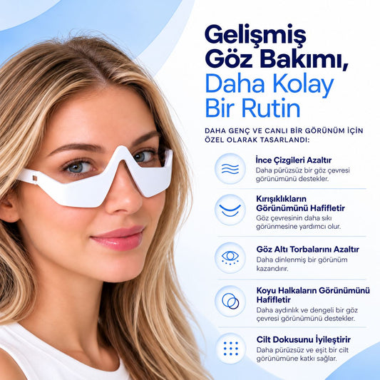 Dima Red Eyes göz çevresi bakım cihazını takan kadın ve ürün özellikleri